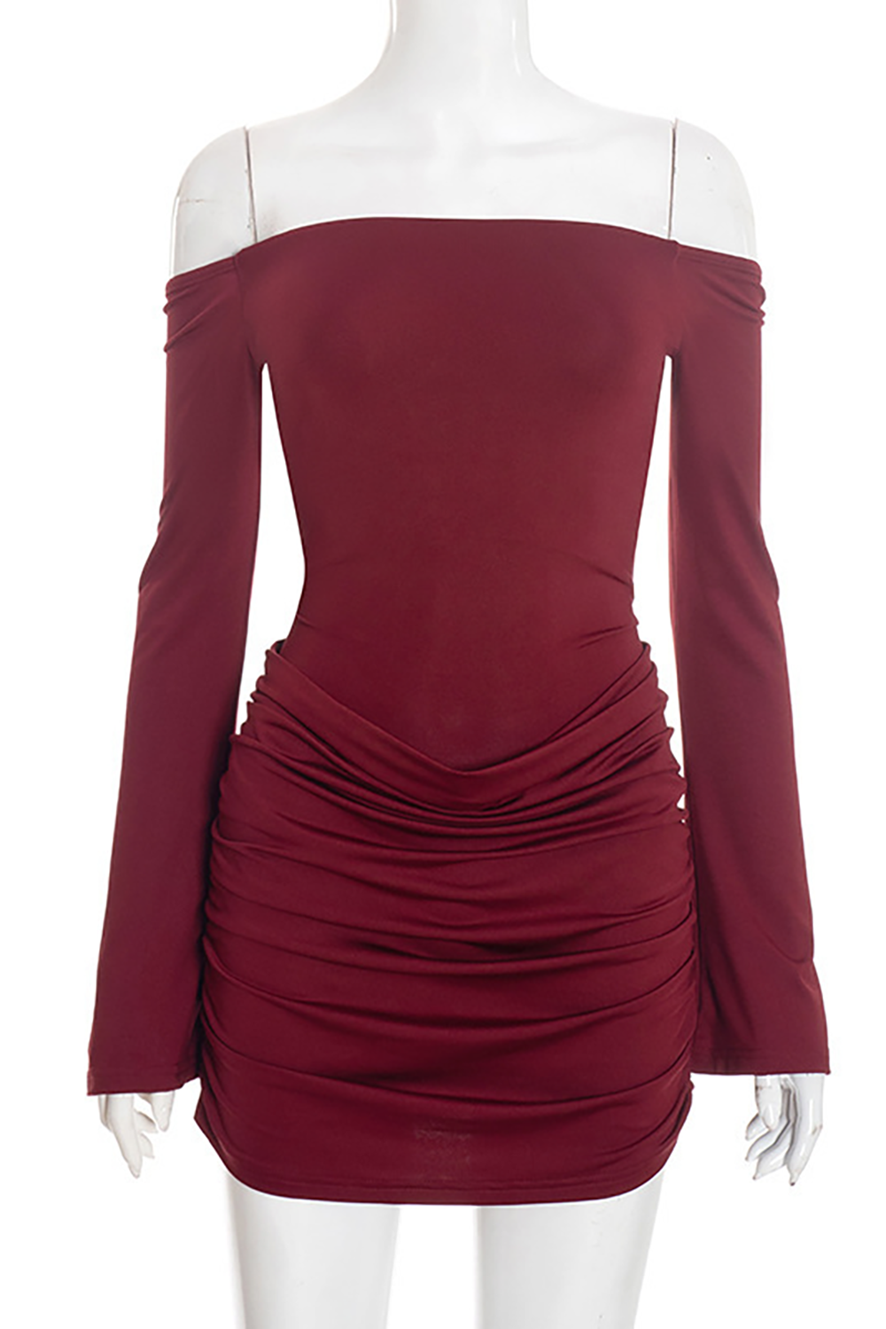 Off Shoulder Boat Neck Long Sleeve Ruched Slim Fit Mini Dresses-Burgundy