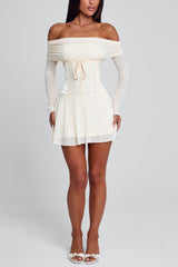 Off Shoulder Long Sleeve Cinch Waist Mesh Mini Dresses-White Pre Order