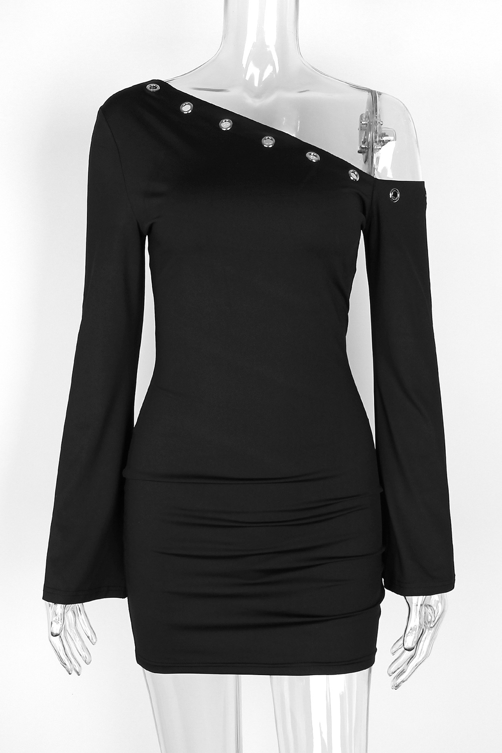 Eyelets Trim Skew Neck Flare Sleeve Plain Slim Fit Mini Dresses-Grey