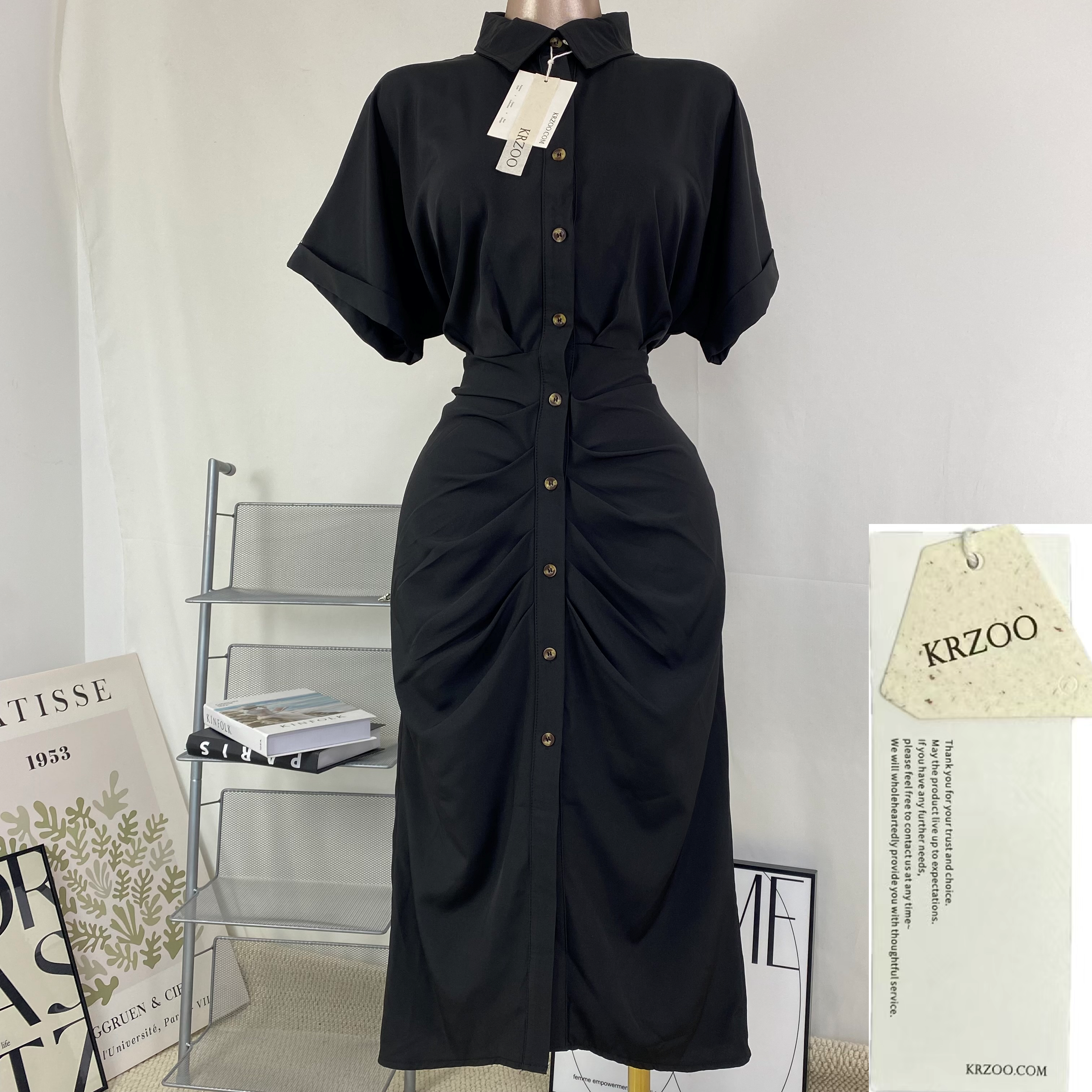 Short-sleeved pleated blouse dress