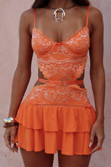 Jacquard Cutout Open Back Tiered Hem Slip Mini Dresses Orange