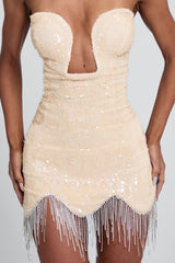 Notch Strapless Neck Sequin Fringe Bodycon Mini Dresses-Beige Pre Order