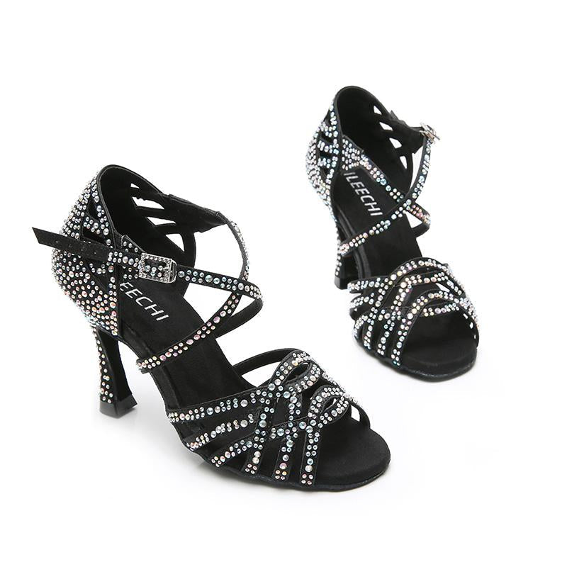 Women's Black Customized Heel Satin Rhinestones Strappy Dance Shoes