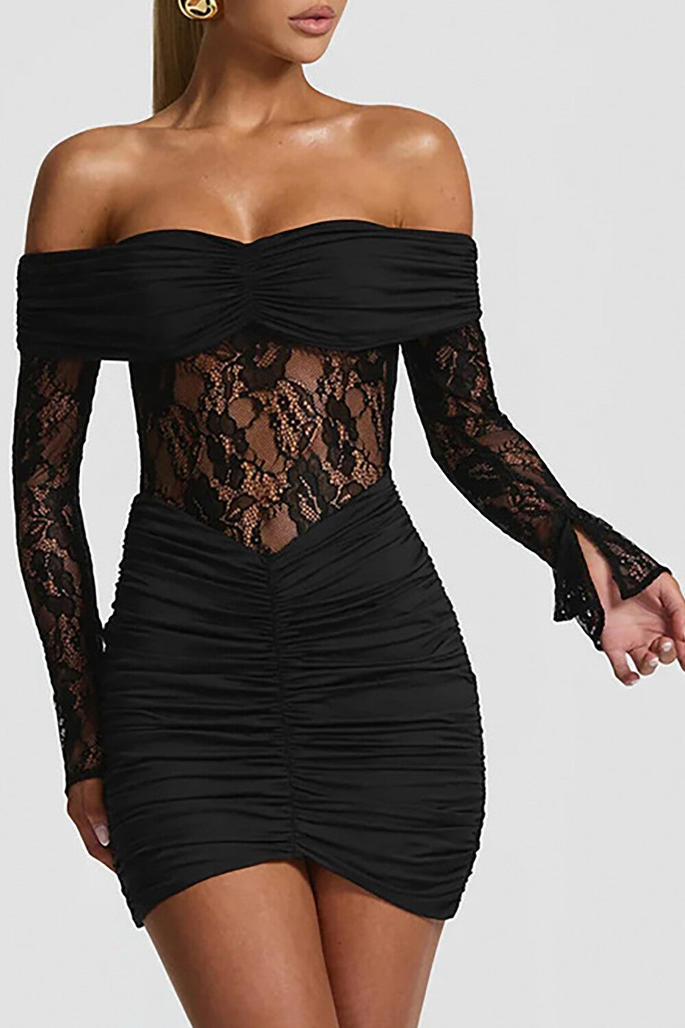 Off Shoulder Long Sleeve Lace Patchwork Ruched Fitted Mini Dresses-Red