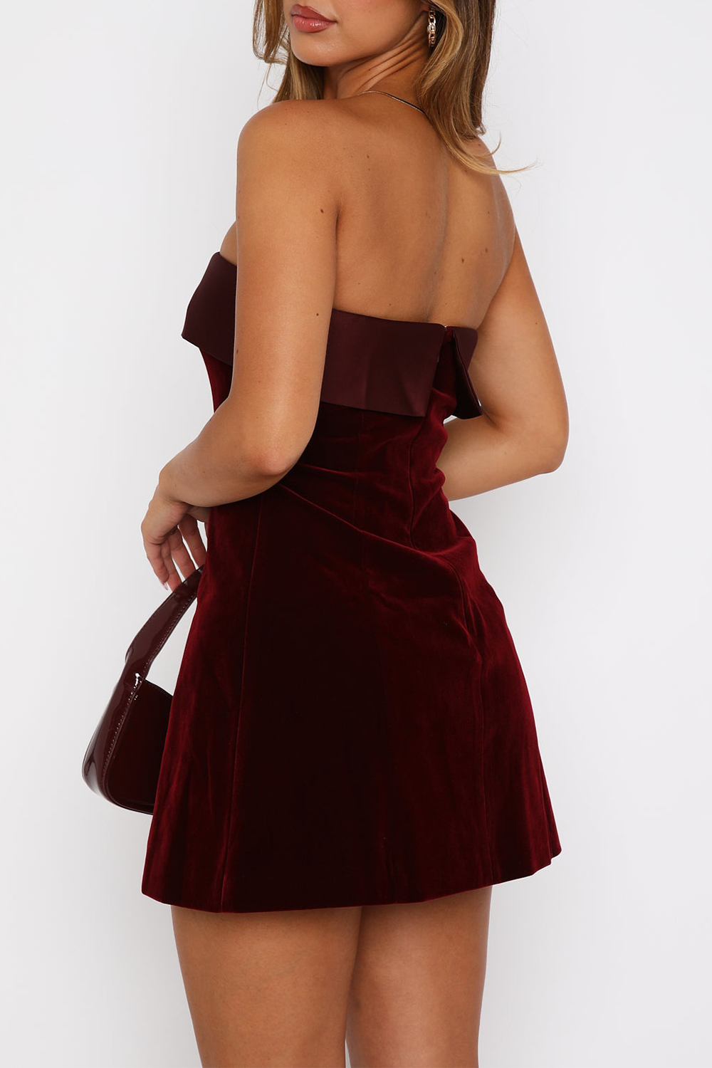 Boat Neck Strapless A Line Velvet Mini Dresses Burgundy