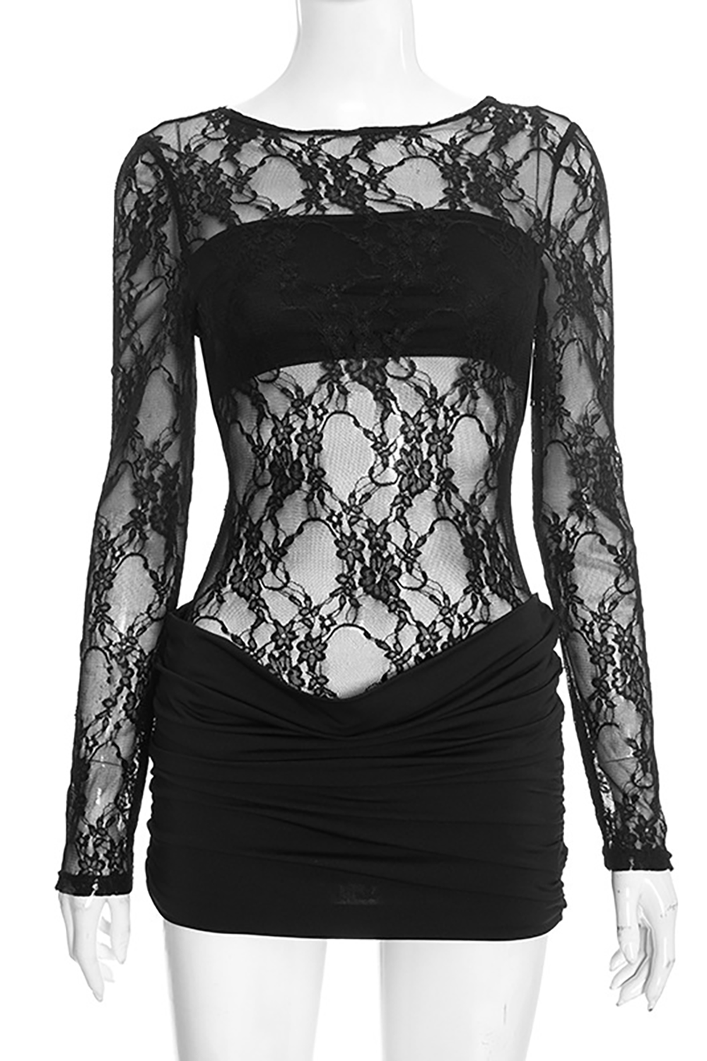 Lace Patchwork Round Neck Long Sleeve Ruched Bodycon Mini Dresses-Black