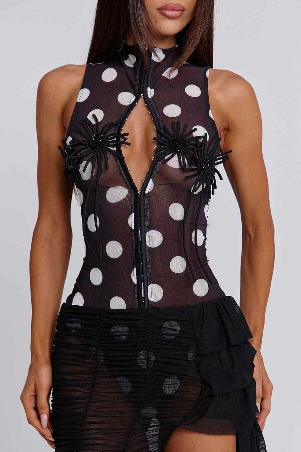 Polka Dot Sleeveless Bodysuit Ruched Mesh Skirt 2pcs Set-Black Pre Order