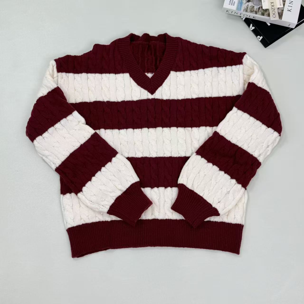 Loose V-neck vintage contrasting stripe sweater