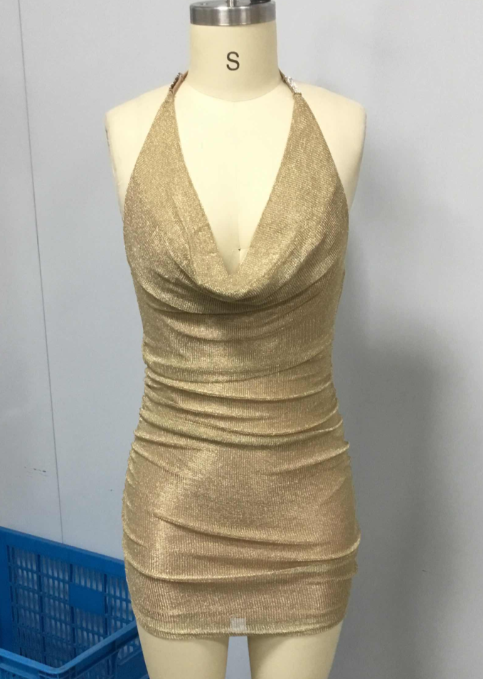Shimmering Knit Cowl Neckline Halter Bodycon Mini Dresses Gold