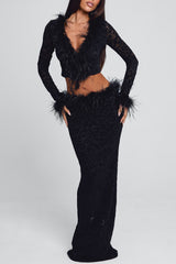 V Neck Crop Top Feather Trim Maxi Skirt Velvet 2pcs Set-Black Pre Order