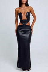 Irregular Neck Cutout PU Leather Party Tube Maxi Dresses-Black Pre Order