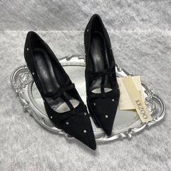 Bowsquare-toe black rhinestone high heels