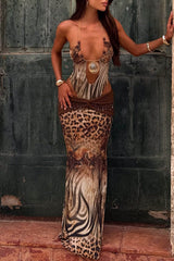 Animal Print Chain Halter Bodysuit Maxi Skirt 2pcs Set-Brown Pre Order
