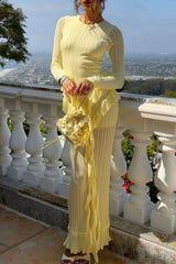 Round Neck Long Sleeve Ruffled Trim Slim Fit Maxi Dresses-Yellow