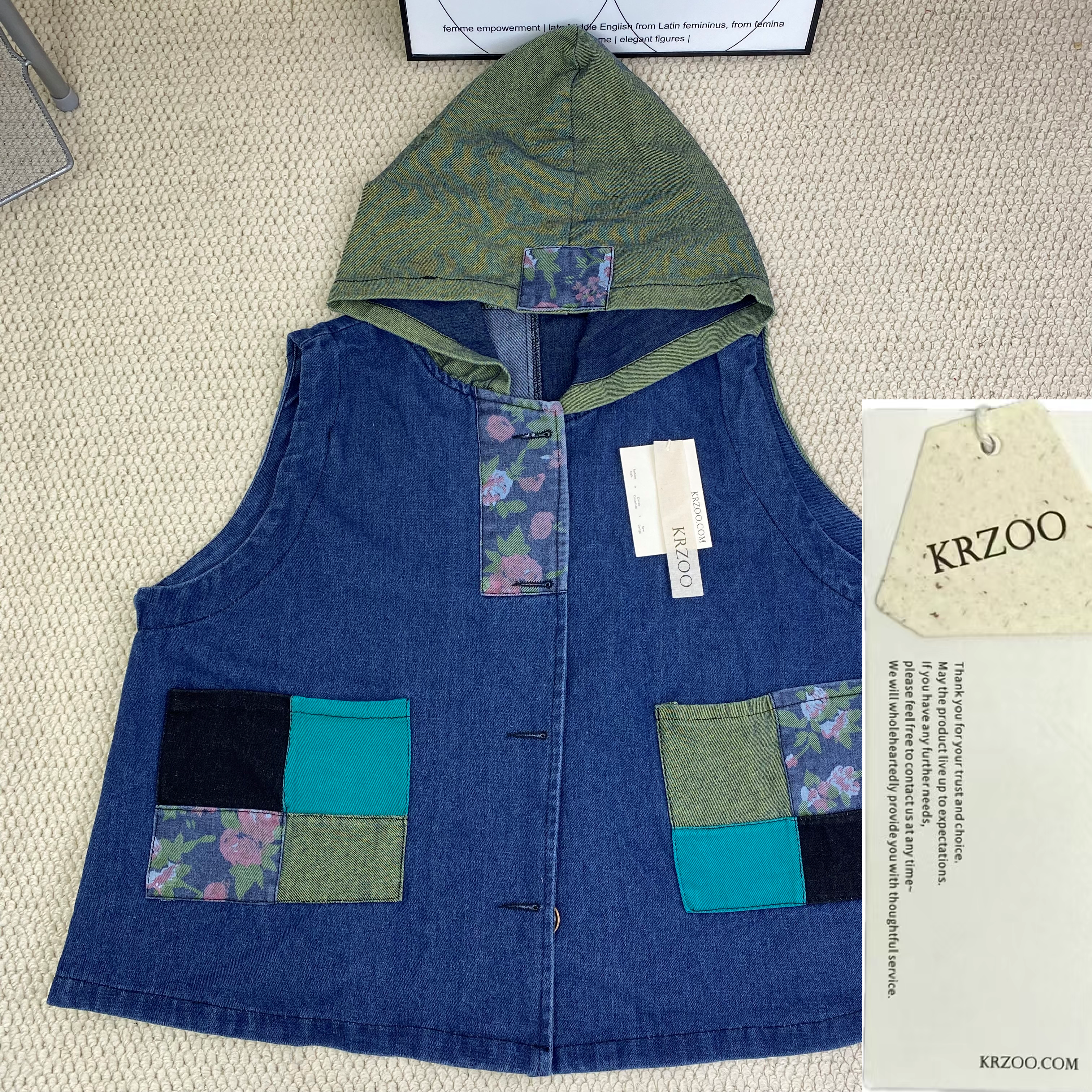 Vintage-style hooded patchwork denim jacket