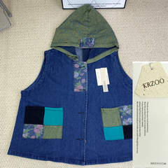 Vintage-style hooded patchwork denim jacket