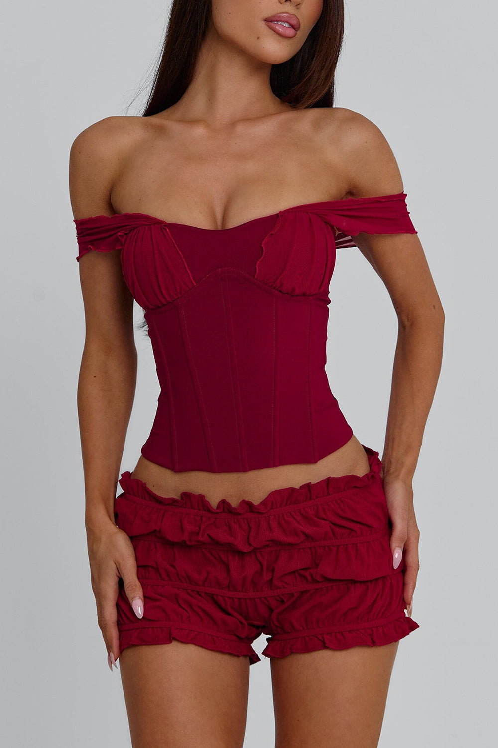 Off Shoulder Cinch Waist Top Shirred Mini Skirt 2pcs Set-Red Pre Order