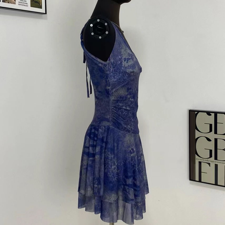 Street Hollow Print Halter Back Dress