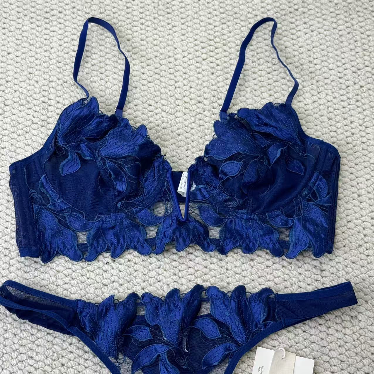 Deep V embroidered lace bra set