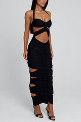 Halter Cut Out Ruched Slim Fit Tie Up Party Maxi Dresses-Black Pre Order