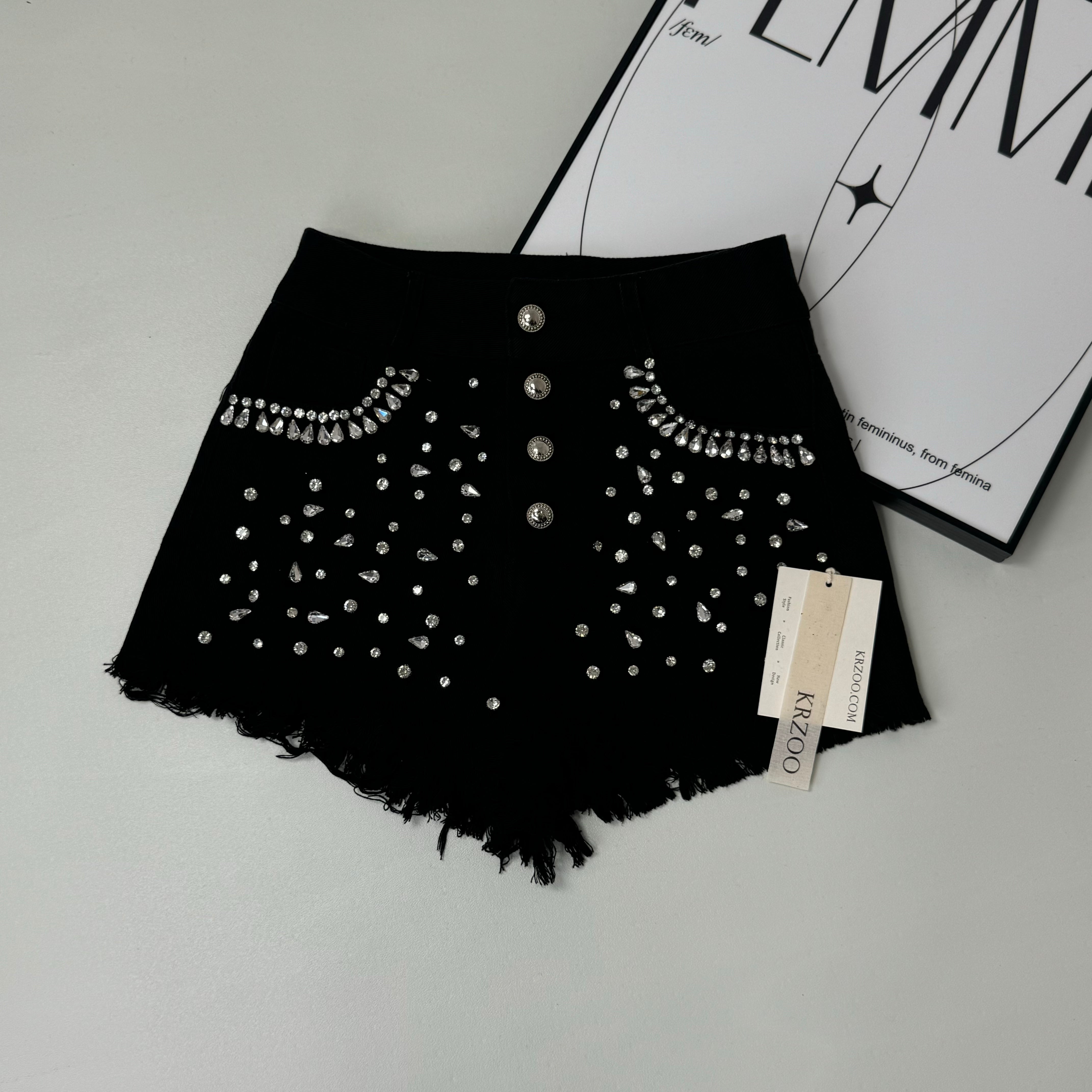 Waterdrop bead fringed denim shorts