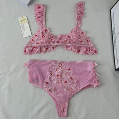 Mesh Heart Embroidery Hollow-Out Lingerie Set