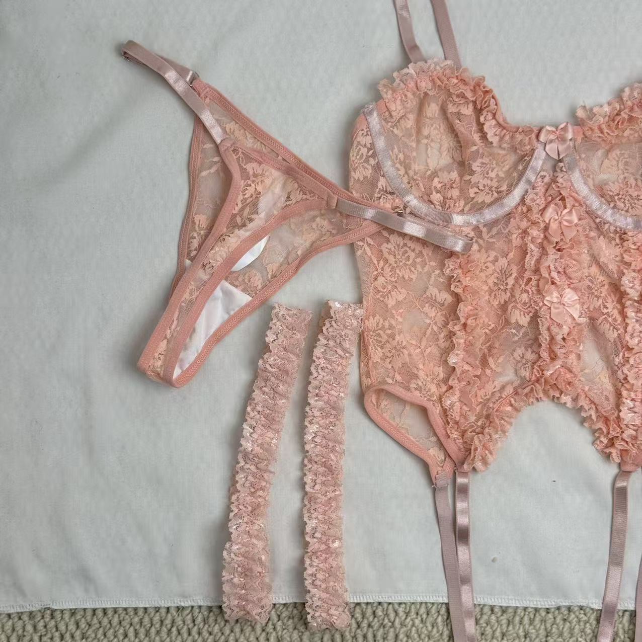 Cute Bow-Accented Sheer Slim-Fit Two-Piece Set