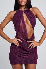 Pinstripe Cutout Halter Top Layered Mini Skirt 2pcs Set-Purple Pre Order