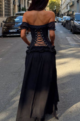Off Shoulder Lace-Up Top Layered Maxi Skirt 2pcs Set-Black Pre Order