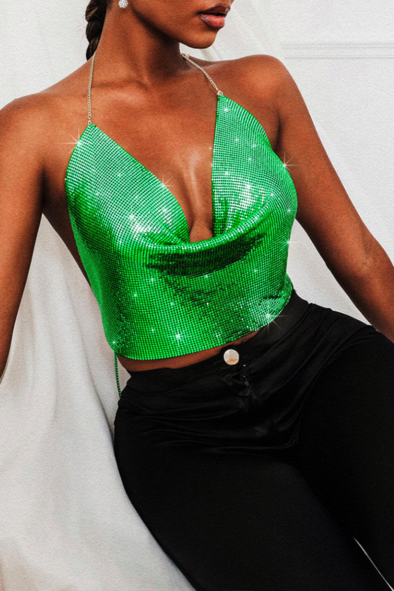 Cowl Neckline Sequin Party Shimmery Halter Crop Top Gold