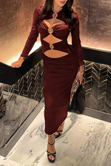 Cutout Long Sleeve Bodycon Solid Color Midi Dresses-ReddishBrown
