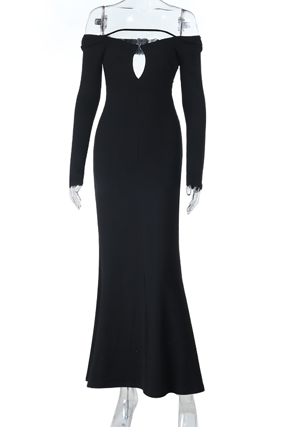 Cutout Off Shoulder Long Sleeve Backless Fitted Fishtail Maxi Dresses-Black