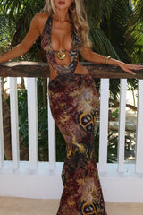 Mixed Print Cutout Slim Fit Halter Maxi Dresses Brown