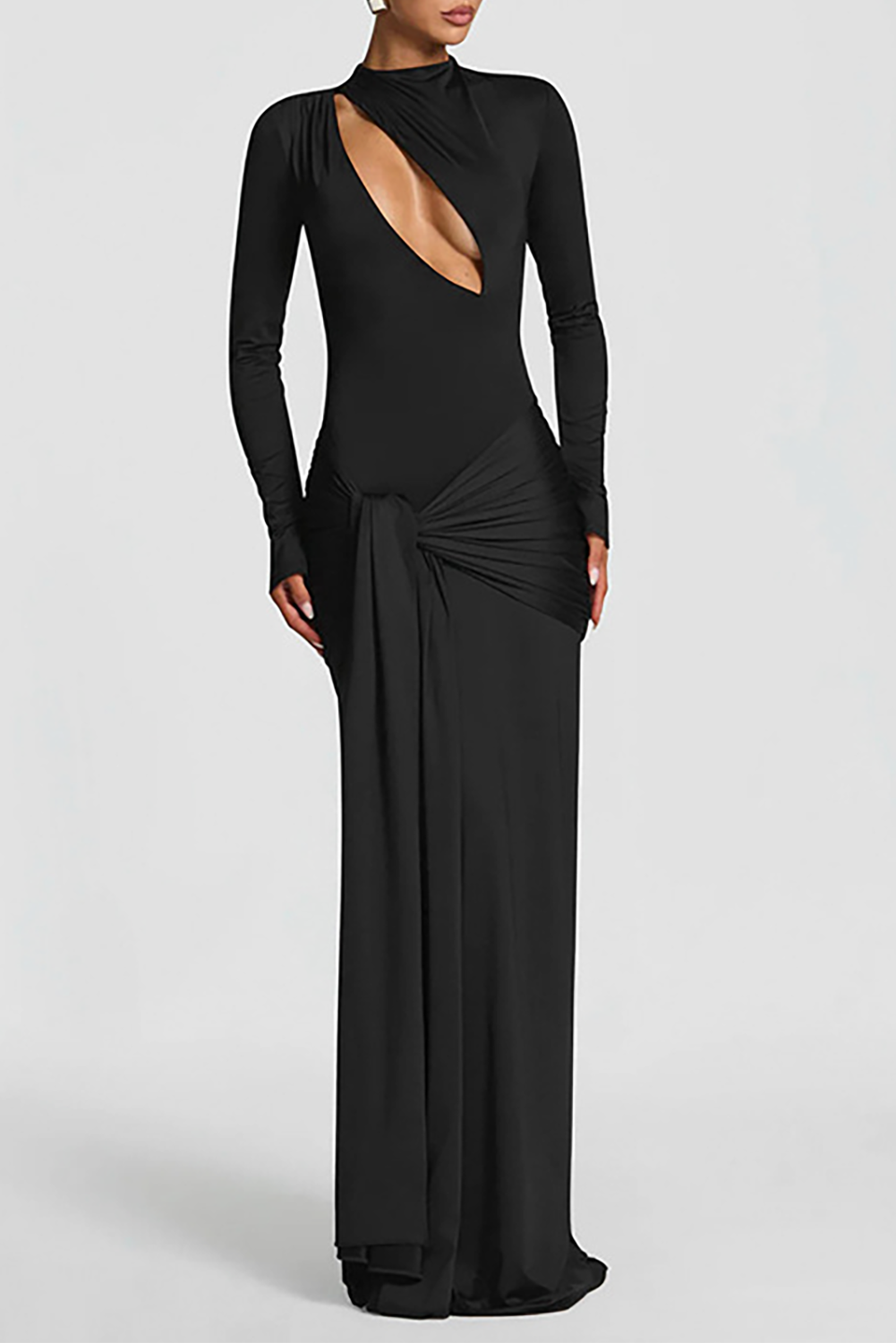 Cutout Round Neck Long Sleeve Ruched Long Streamer Slim Fit Maxi Dresses-Purple