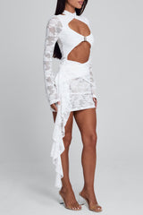 Lace Patchwork Long Sleeve Cross Strap Cutout Mini Dresses-White Pre Order