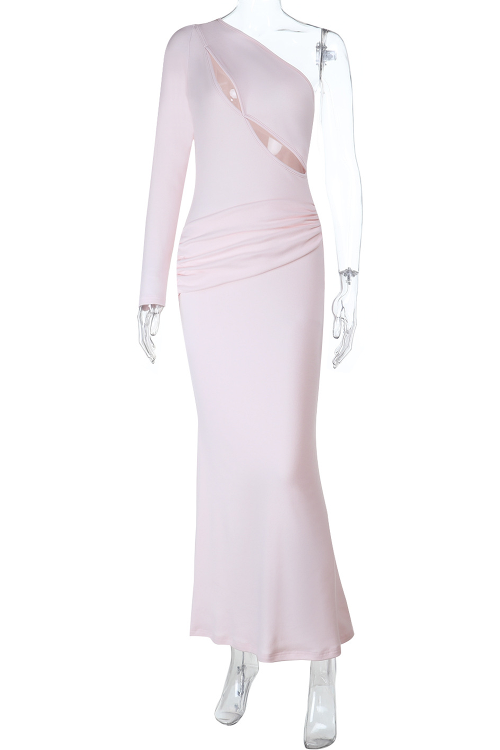 Skew Neck Long Sleeve Cutout Ruched Slim Fit Plain Maxi Dresses-Pink