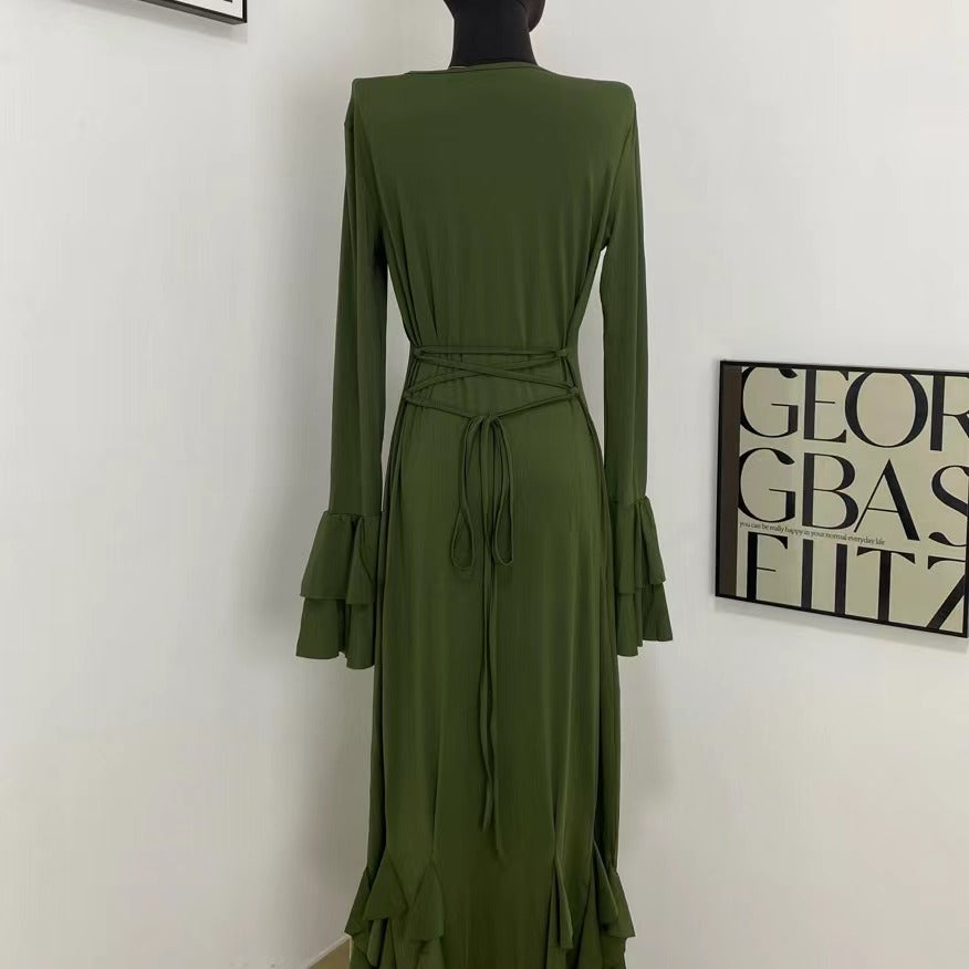 Elegant Tie-Waist Fitted Ruffle Dress