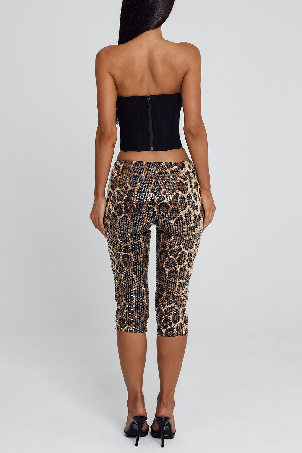 Strapless Top Low-Rise Pants Leopard Sequin Party 2pcs Set-Brown Pre Order