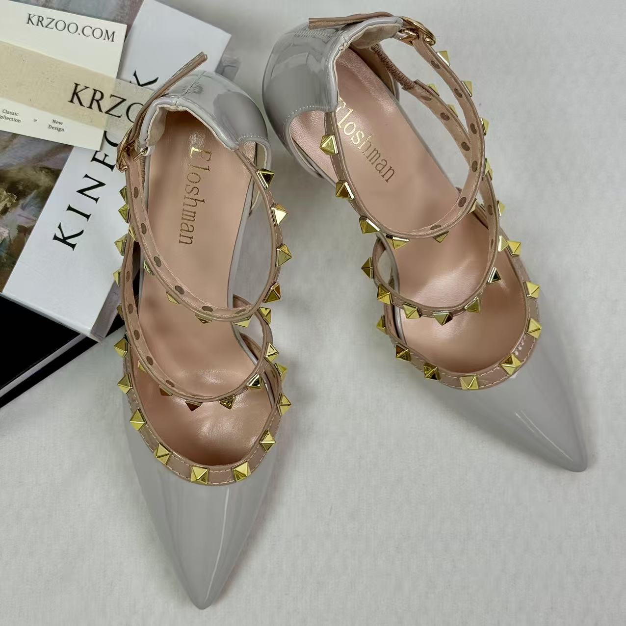 Pointed-nose rivet hollow-heeled shoes