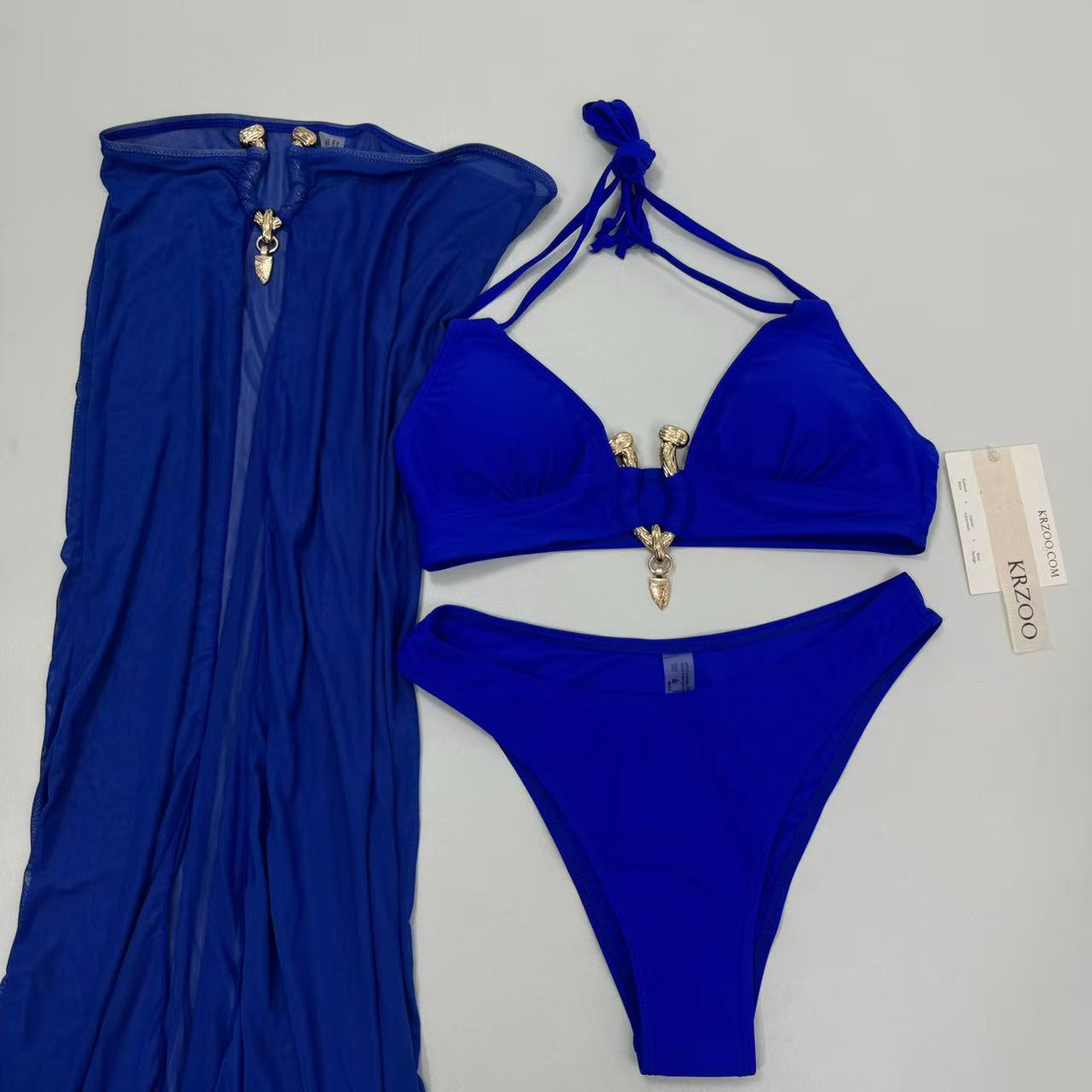 Metal snap long-sleeved three-piece swimming suit