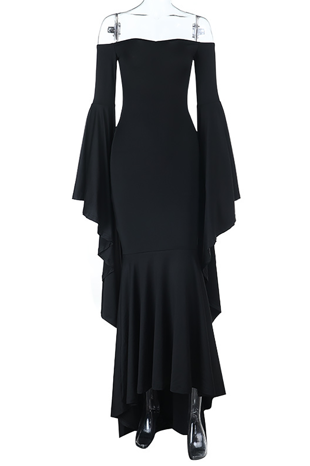 Off Shoulder Bell Sleeve Fitted Mermaid Gowns Maxi Dresses-Black