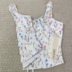Printed halter-neck short-sleeved top