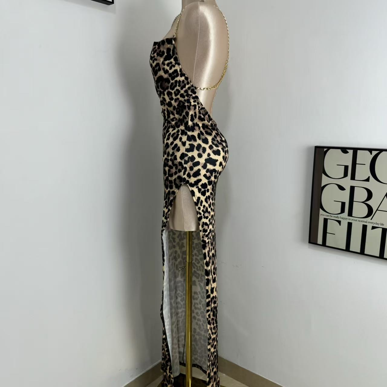 Irregular High-Slit Leopard Print Dress