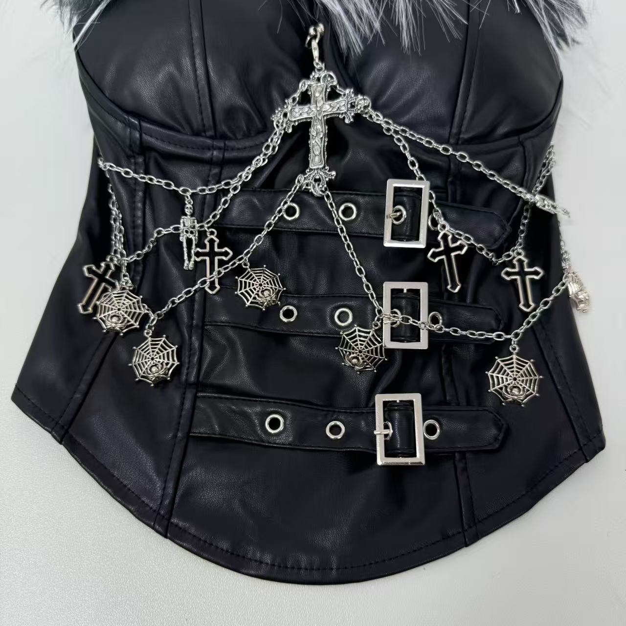 Ruffled PU leather strapless top