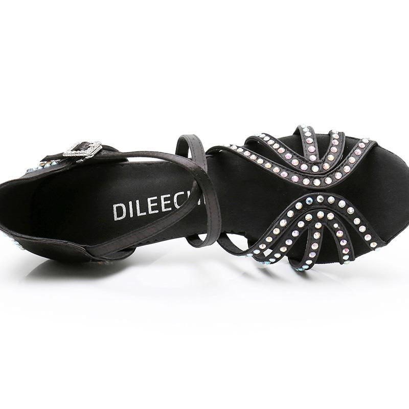 Women's Black Customized Heel Satin Rhinestones Strappy Ballroom Latin Dance Shoes