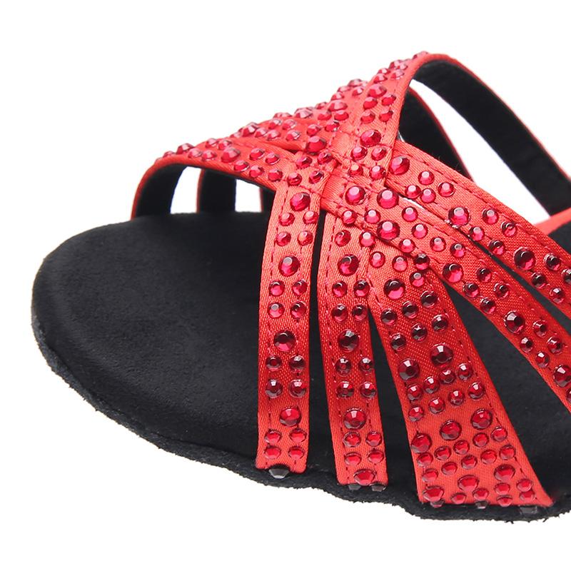 Women's Red Customized Heel Open Toe Strappy Dance Shoes with Crystals