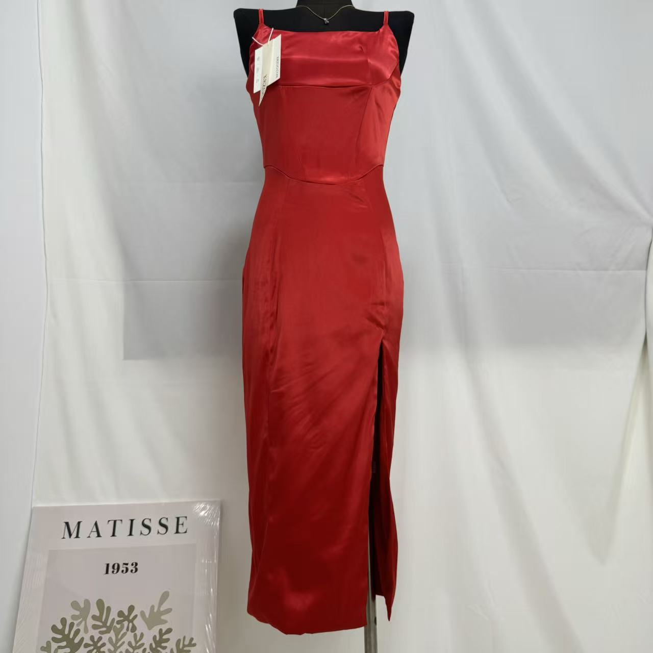 Square Neck Satin Slit Dress