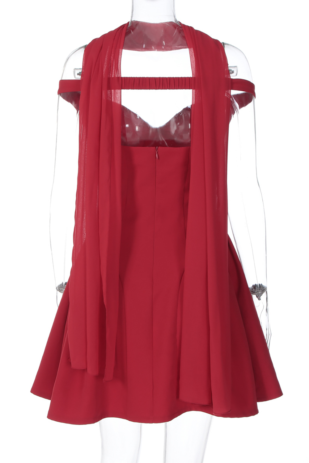 Off Shoulder Deep V Neck Cinch Waist Pleated Hem Solid Color Mini Dresses-Red
