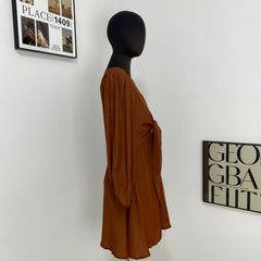 Lantern Sleeve V-Neck Tie Dress