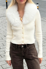Furry Patchwork Knit V Neck Long Sleeve Button Up Sweater Cardigan-OffWhite